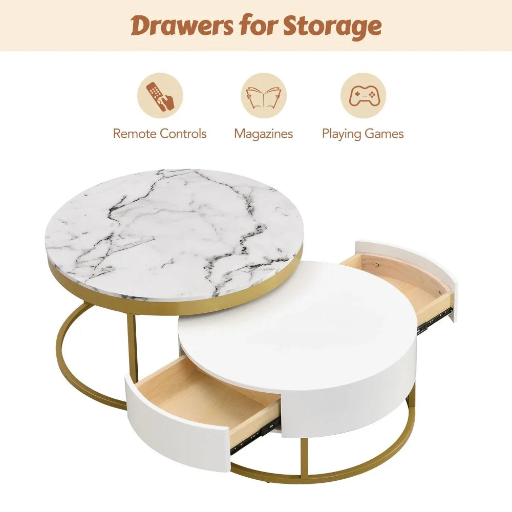 Set of 2 Round Gold Nesting Coffee Tables — Storage Drawer Living Room Furniture