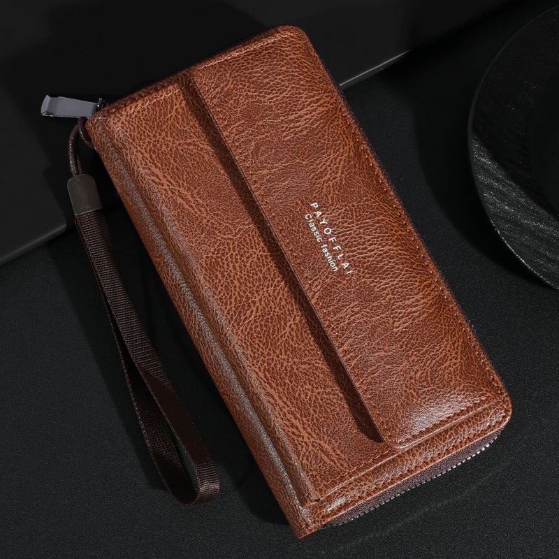 Men's PU Leather Zipper Handbag - Large Capacity Long Wallet Clutch with Phone Bag, Multi-Card Holder and Coin Purse