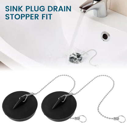 8/2PC Universal Sink Plug — Rubber Drain Stopper with Round Beaded Chain for Kitchen & Bathroom