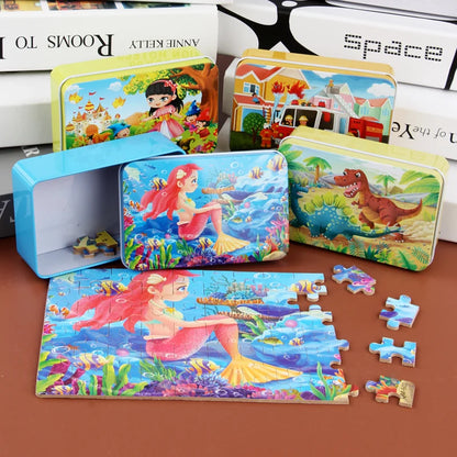 60PCS Cartoon Jigsaw Puzzle with Metal Box – Kids Educational Animal & Vehicle Puzzle Game