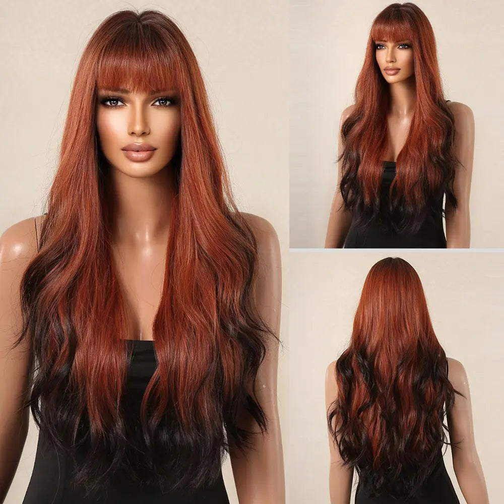 Brown Wavy Long Wig for Women with Bangs — Natural-Look Synthetic Hair, Heat-Resistant for Daily & Cosplay