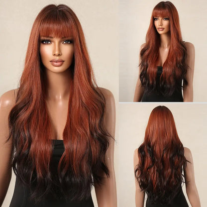 Brown Wavy Long Wig for Women with Bangs — Natural-Look Synthetic Hair, Heat-Resistant for Daily & Cosplay