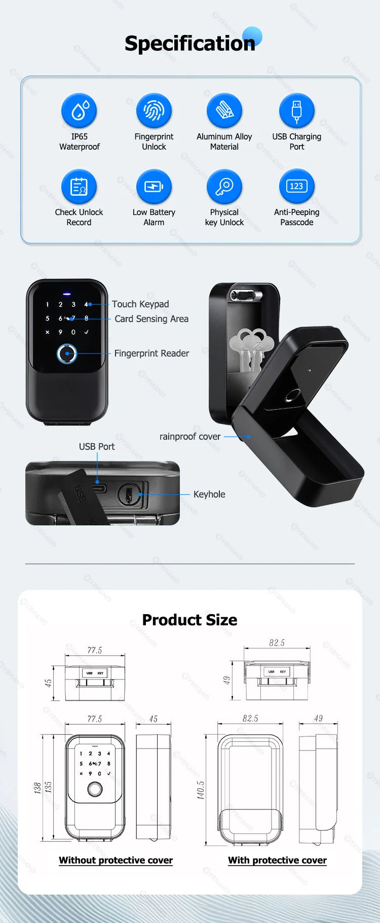 YRHAND TTlock Smart Fingerprint Lock Box – Digital Password, IC Card, Tuya Electronic Portable IP66 Security for Smart Home