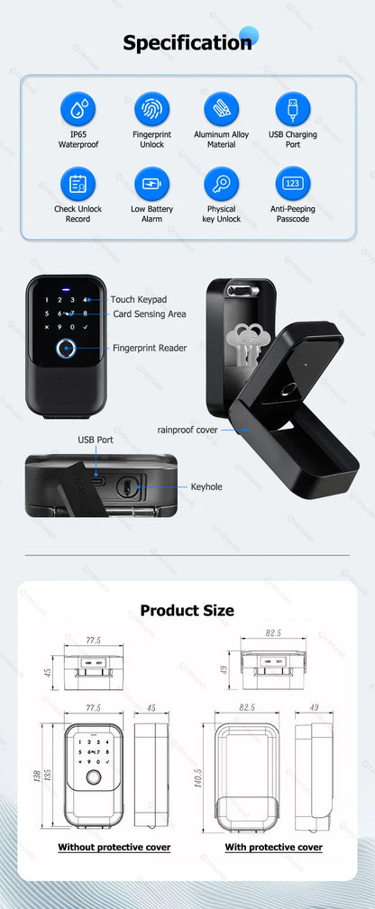 YRHAND TTlock Smart Fingerprint Lock Box – Digital Password, IC Card, Tuya Electronic Portable IP66 Security for Smart Home