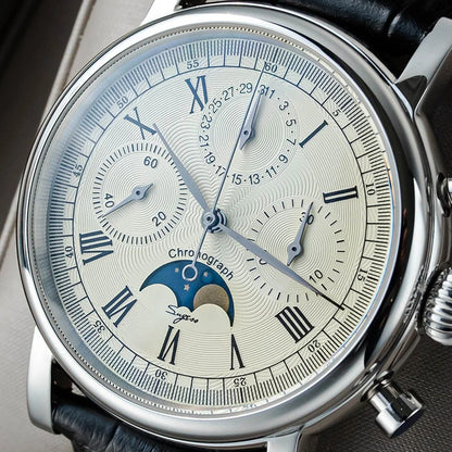 Sugess ST1908 Mechanical Chronograph Watch for Men – Swan Neck Movement, Moonphase Calendar, Vintage Leather Strap, 2023 Model