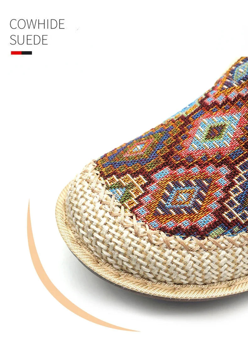 2024 Fashion Women’s Ethnic Embroidered Linen Shoes – Breathable Casual Outdoor Slippers