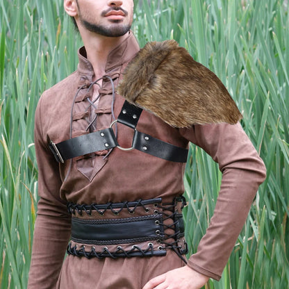 UYEE Men's Medieval Viking Fur Shawl – Barbarian Shoulder Cowl Mantle with Chest Belt & Fur Capelet for Cosplay