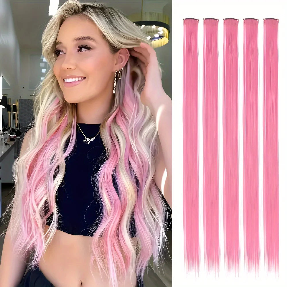 5PCS Long Straight Clip-In Hair Extensions - Synthetic Hairpieces for Women, Cosplay & Parties