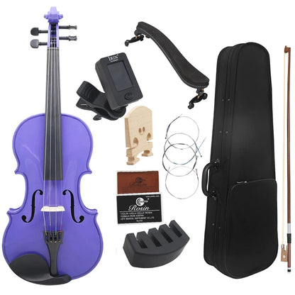 4/4 Solid Wood Black Violin - Acoustic Beginner Violin Set with Case, Bow, Rosin, Tuner & Accessories