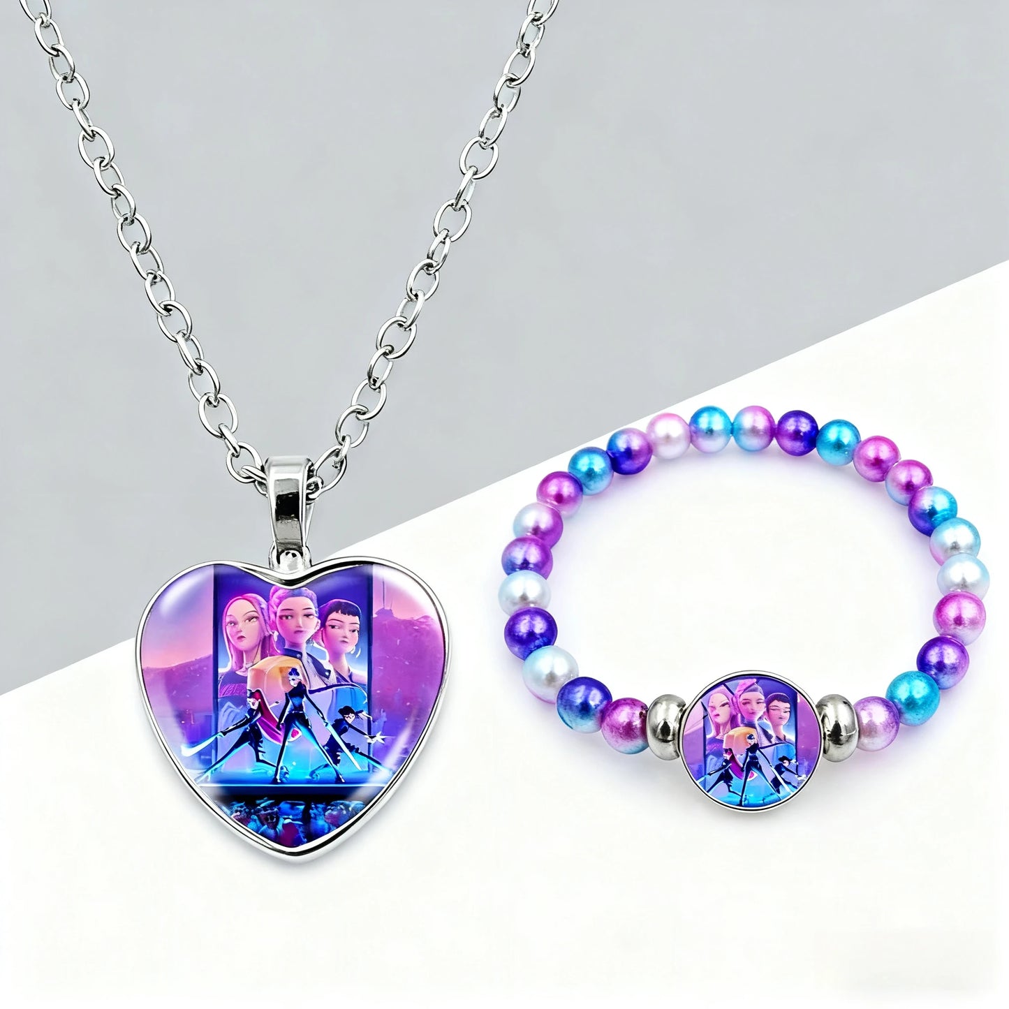 2025 KPop Demon Hunters Necklace & Bracelet Set – Kawaii Anime Jewelry for Girls, Cosplay Pendant Accessories