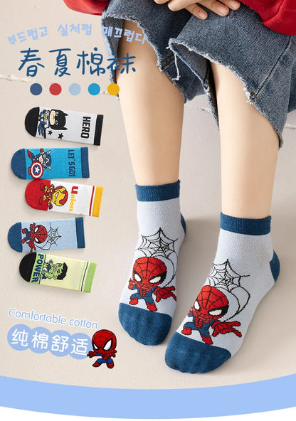 5 Pairs Spiderman Cotton Socks for Kids – Iron Man, Hulk, Thor Anime Boys Short Socks, Cartoon Baby Spring & Summer Footwear