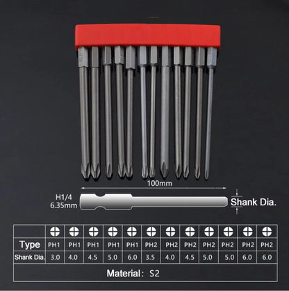 12Pcs 1/4 Inch Magnetic Screwdriver Bits - 50mm 75mm 100mm Long Power Tool Bit Set