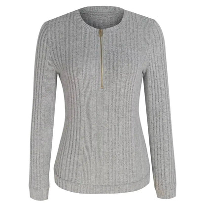 Women's Ribbed Knit Half-Zip Top - Light Gray Round Neck Slim-Fit Long Sleeve Casual Spring & Summer Shirt