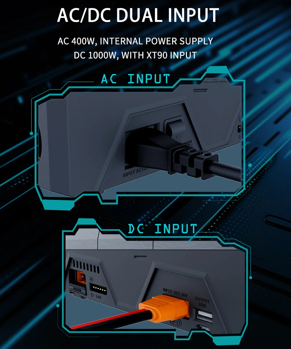 ToolkitRC Q6AC Charger — AC 400W/DC 1000W 4CH with USB A/Type-C, LiPo 1-6S, NiMH 1-16S, PB 1-10S, IPS Display