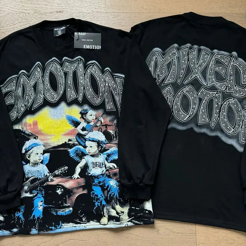 MIXED EMOTION Alien Print Long Sleeve T-Shirt - Unisex Oversized Hip Hop Crewneck Top