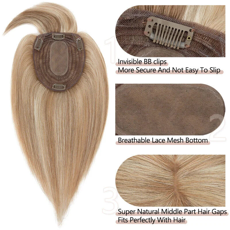 Silk Top Base Clip-In Hair Topper for Women – Real Human Hair Extension, Thin & Breathable Hairpiece