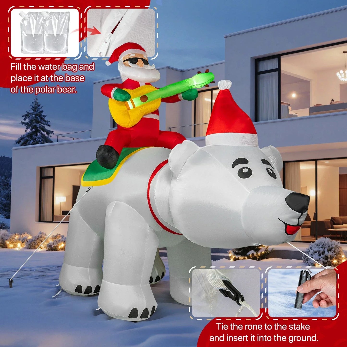 7FT Inflatable Santa Claus Decoration – LED Lights, Riding Bear with Shaking Head, Music & Blow-Up Xmas Party Model