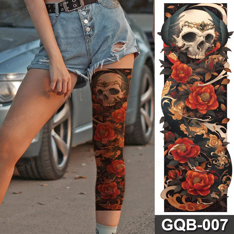 Full Arm Dragon Skull Tattoo Sleeve - Waterproof Temporary Body Art Sticker with Clock Compass Flower Design for Men & Women
