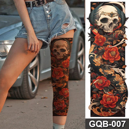 Full Arm Dragon Skull Tattoo Sleeve - Waterproof Temporary Body Art Sticker with Clock Compass Flower Design for Men & Women