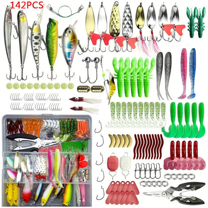Fishing Lure Set 18–142pcs Mixed VIB Baits Kit – Soft Lures, Minnow, Popper & Hooks Freshwater Fishing Tackle Accessories Kit