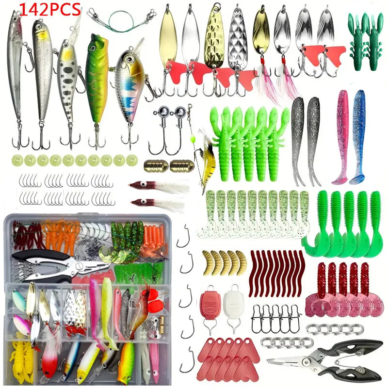 Fishing Lure Set 18–142pcs Mixed VIB Baits Kit – Soft Lures, Minnow, Popper & Hooks Fishing Accessories for Freshwater Fishing Tackle Kit