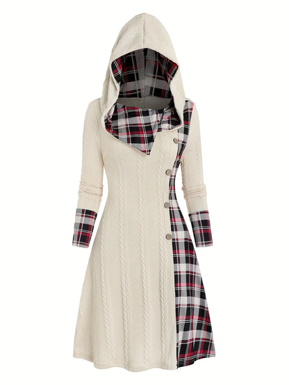 Knitted Hooded Plaid Dress - High Waist A-Line Long Sleeve Dress with Faux Buckle Detail for Women