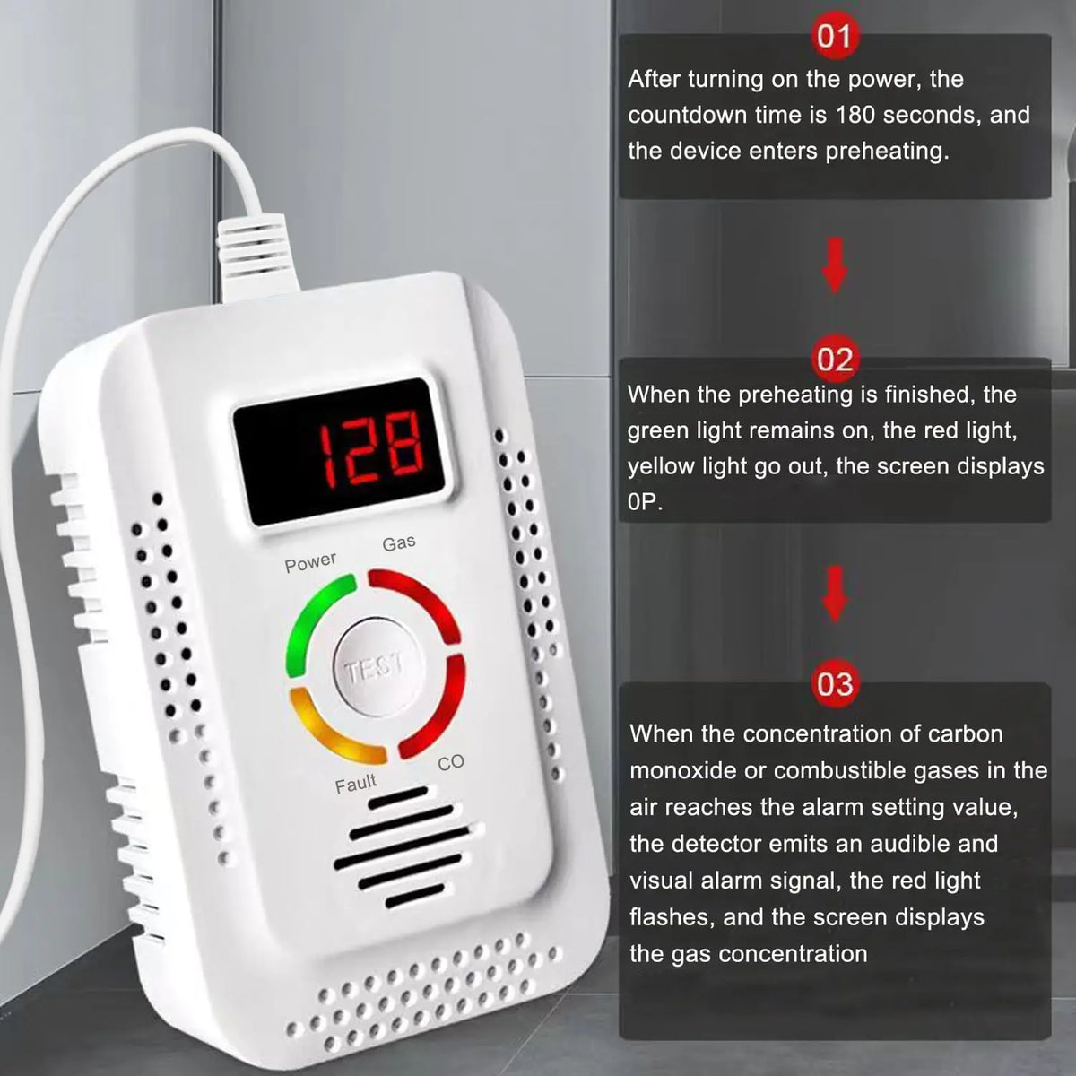 2-in-1 Natural Gas & Carbon Monoxide Detector - LPG, Methane & CO Leak Monitor for Kitchen Safety