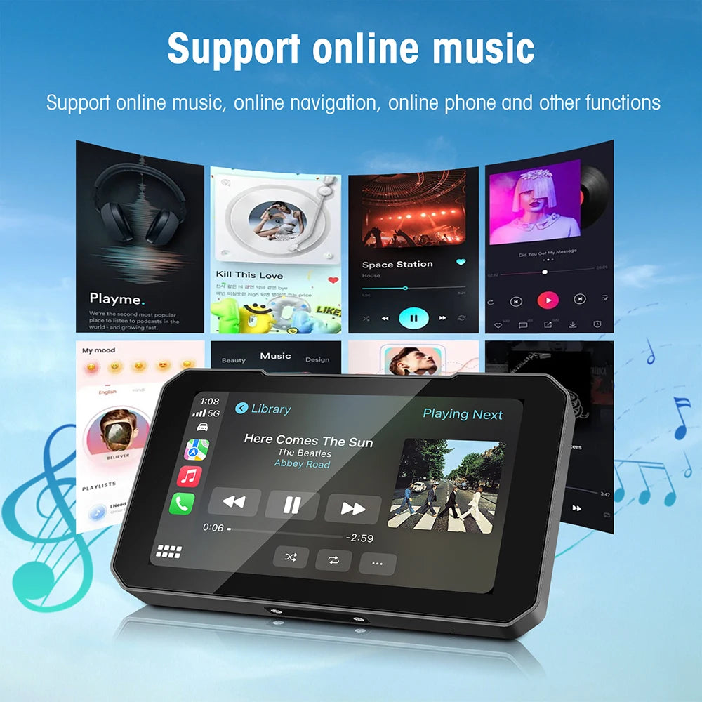 5 Inch Motorcycle CarPlay GPS Navigator - Portable Wireless Android Auto Touchscreen Display