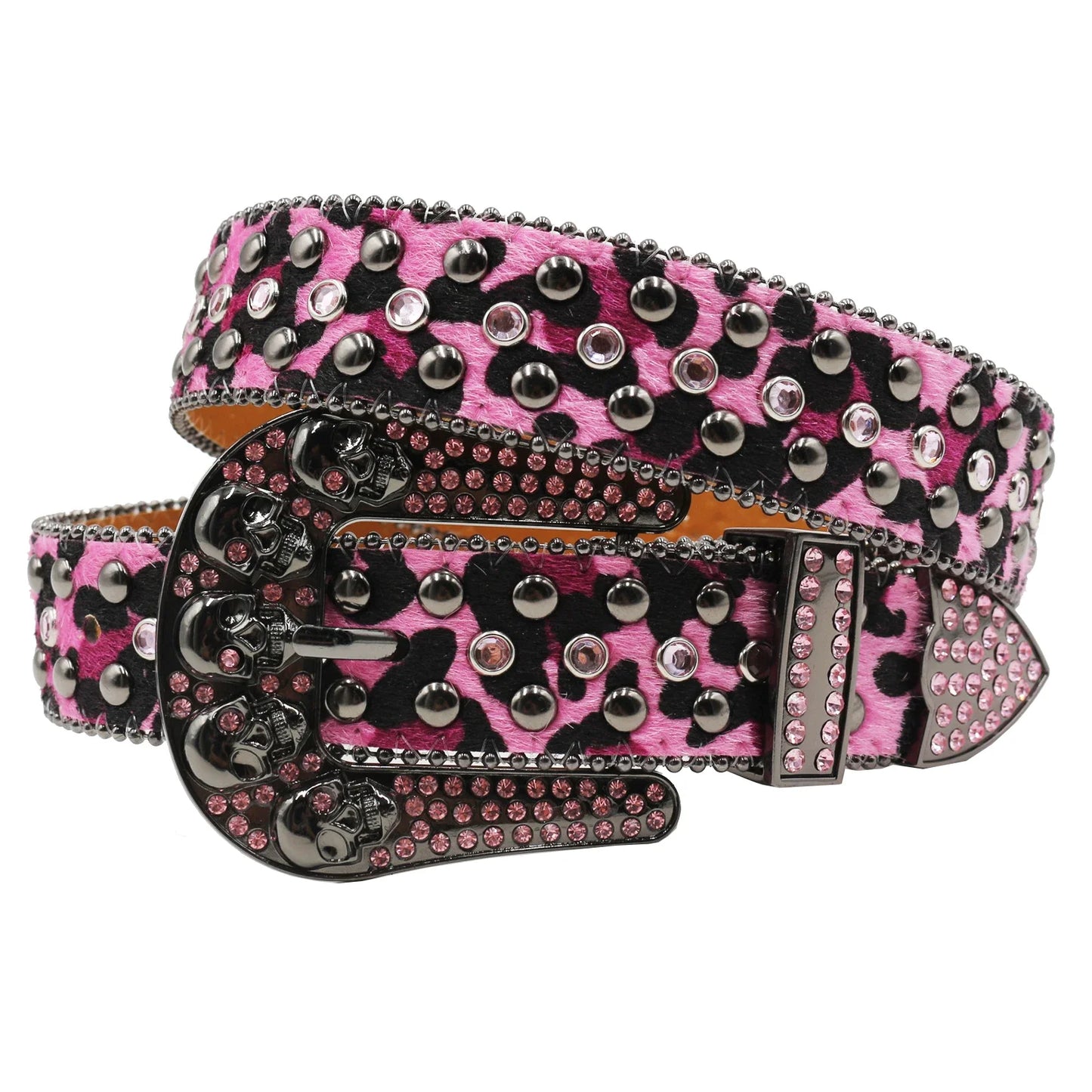 Women’s Rhinestone Skull Leather Belt – Luxury Designer Studded Strap for Jeans, White & Black