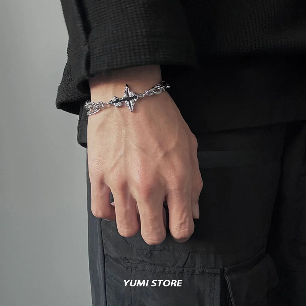 Retro Flame Cross Bracelet - Unisex Hip Hop Titanium Steel Splice Chain Charm, Kpop Luxury Jewelry for Men & Women