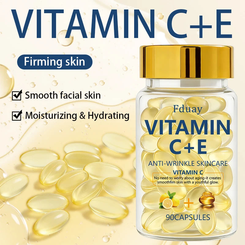 Vitamin C & E Essence Capsules – 90-Piece Collagen Moisturizing Facial Serum for Skin Nourishment, Hydration & Radiance