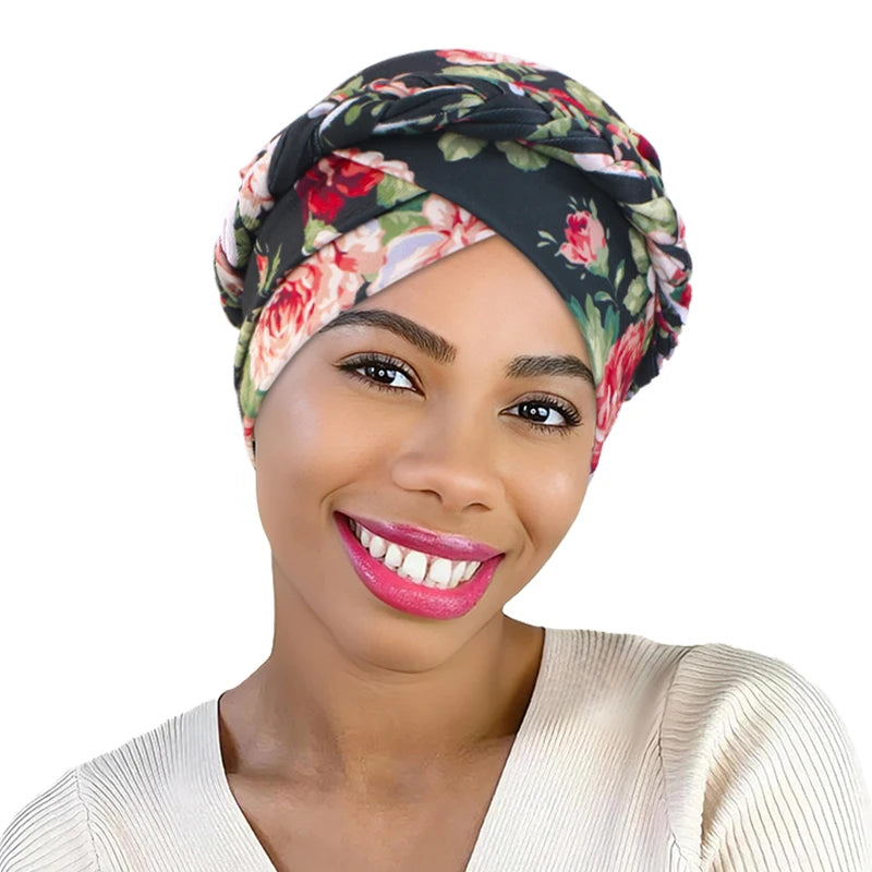 African Print Turban Headband Cap - Twisted Braid Head Wrap with Skullcap Style for Women