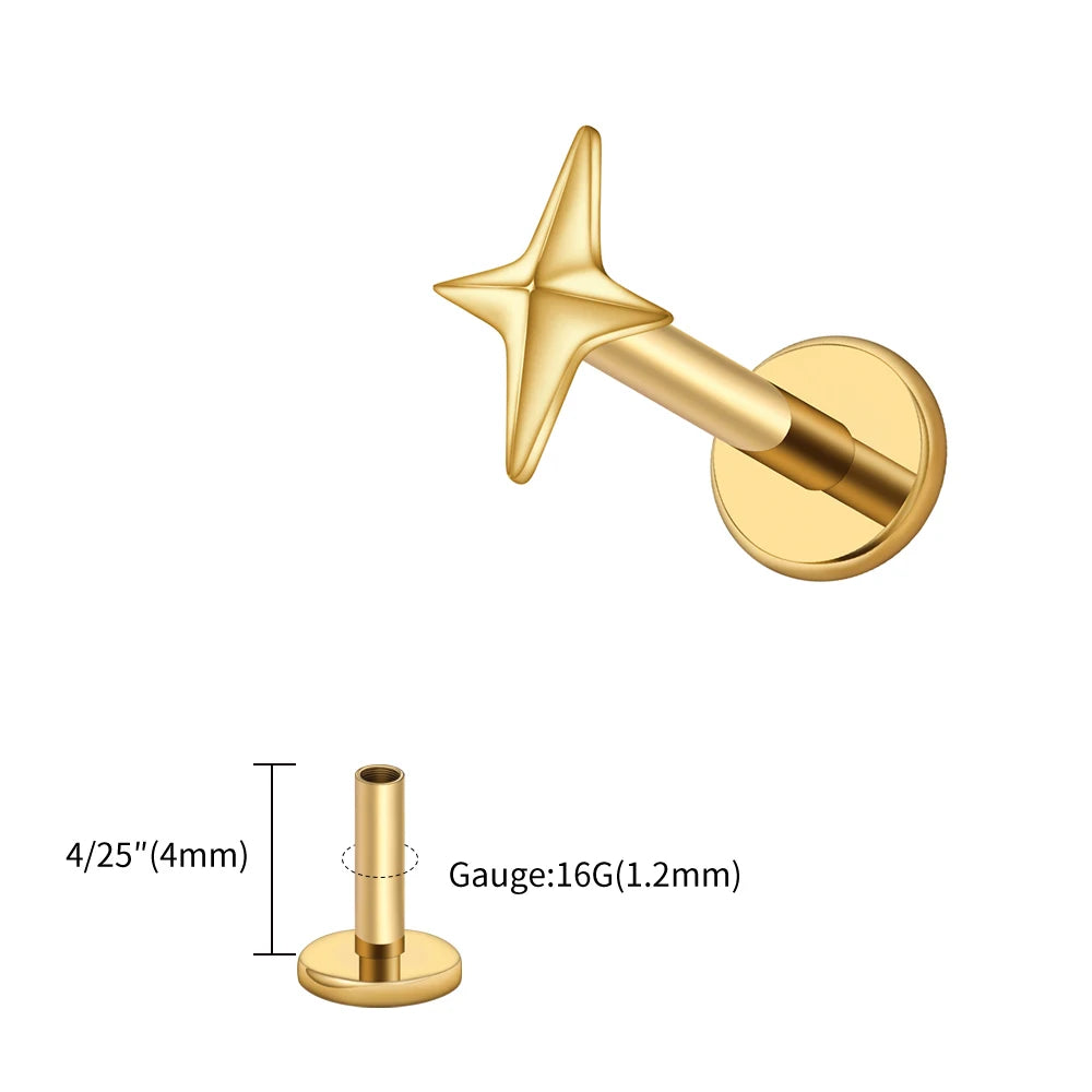 Right Grand ASTM F136 Titanium 16G Four-Pointed Star Cartilage Stud Earring – Helix, Tragus, Flatback Labret & Nose Piercing Jewelry