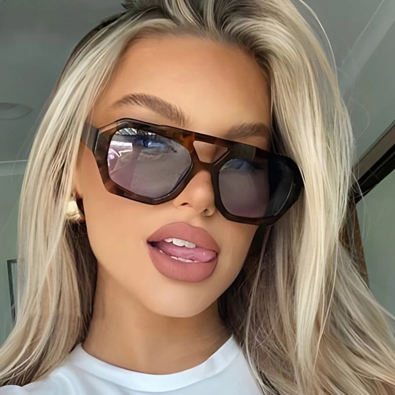 Vintage Square Sunglasses – Thick Frame, Double Bridges, Chic Polygon Eyewear for Women & Men, Leopard & Blue Fashion Sunglasses
