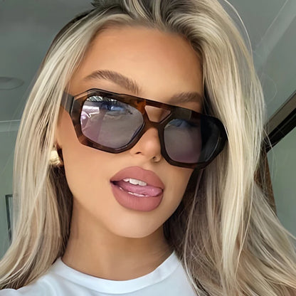 Vintage Square Sunglasses – Thick Frame, Double Bridges, Chic Polygon Eyewear for Women & Men, Leopard & Blue Fashion Sunglasses