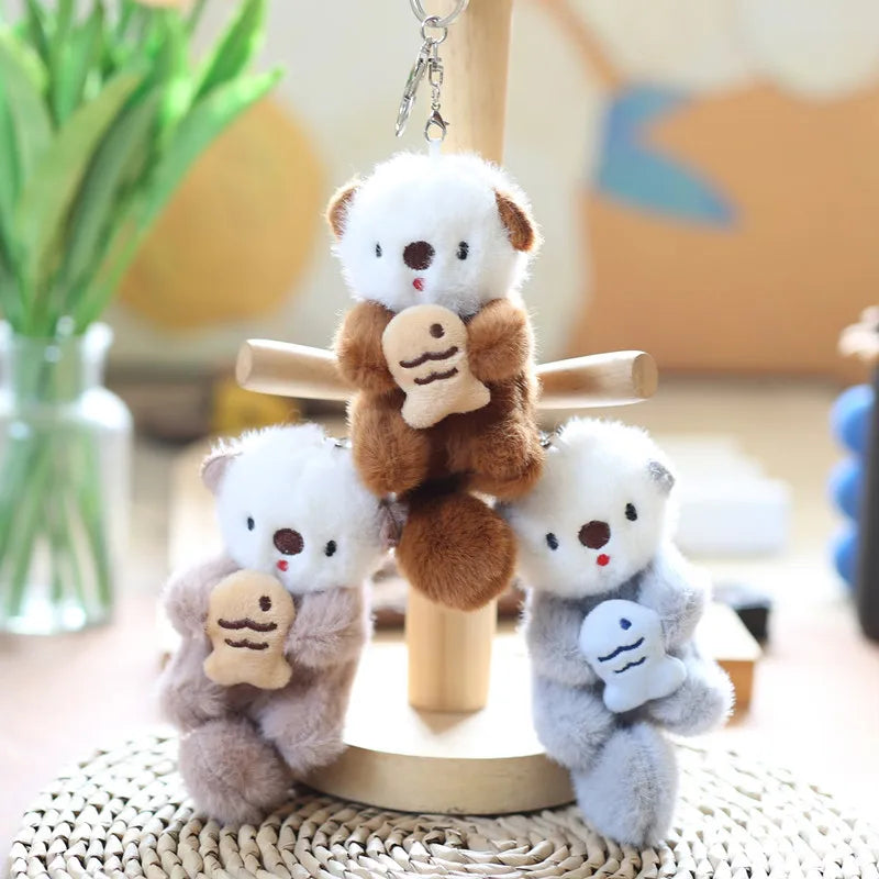 Cute Otter Plush Keychain - Otters Holding Fish Pendant for Backpack, Bag & Wallet Decor