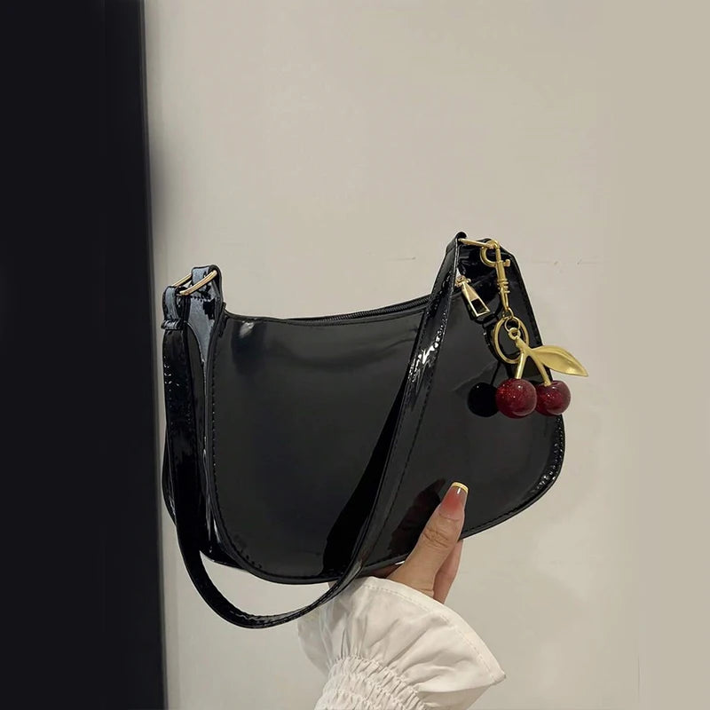 Women's PU Leather Shoulder Handbag – Solid Color Versatile Underarm Bag with Cherry Pendant Casual Commuting Purse