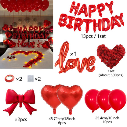 Red Birthday Balloon Set - Heart Foil Balloons with Bow & Simulated Rose Petals for Valentine’s Day Party Decor