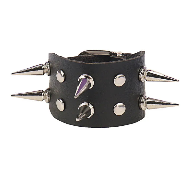 90s Punk Style Bracelet – PU Leather with 3 Rows of Spikes & Square Studs, Fashion Bangle for 2024