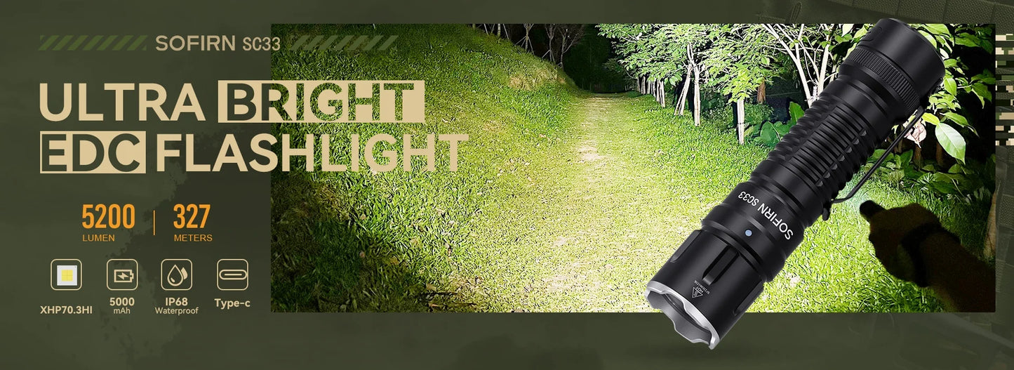 Sofirn SC33 XHP70.3 Tactical LED Flashlight - 5200 Lumens, USB-C Rechargeable 21700 Torch with Tail E-Switch for Outdoor Use