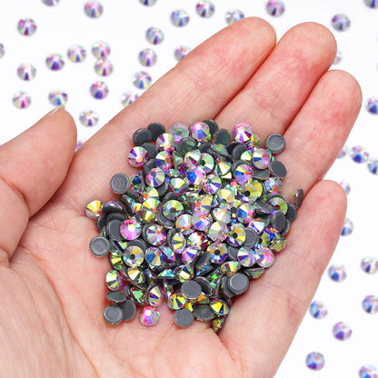 QIIY SS3–SS50 Crystal AB Black Glass Rhinestones – Hot-Fix Flatback Iron-On Stones for Wedding Dresses, Clothing, and Fabric Decoration