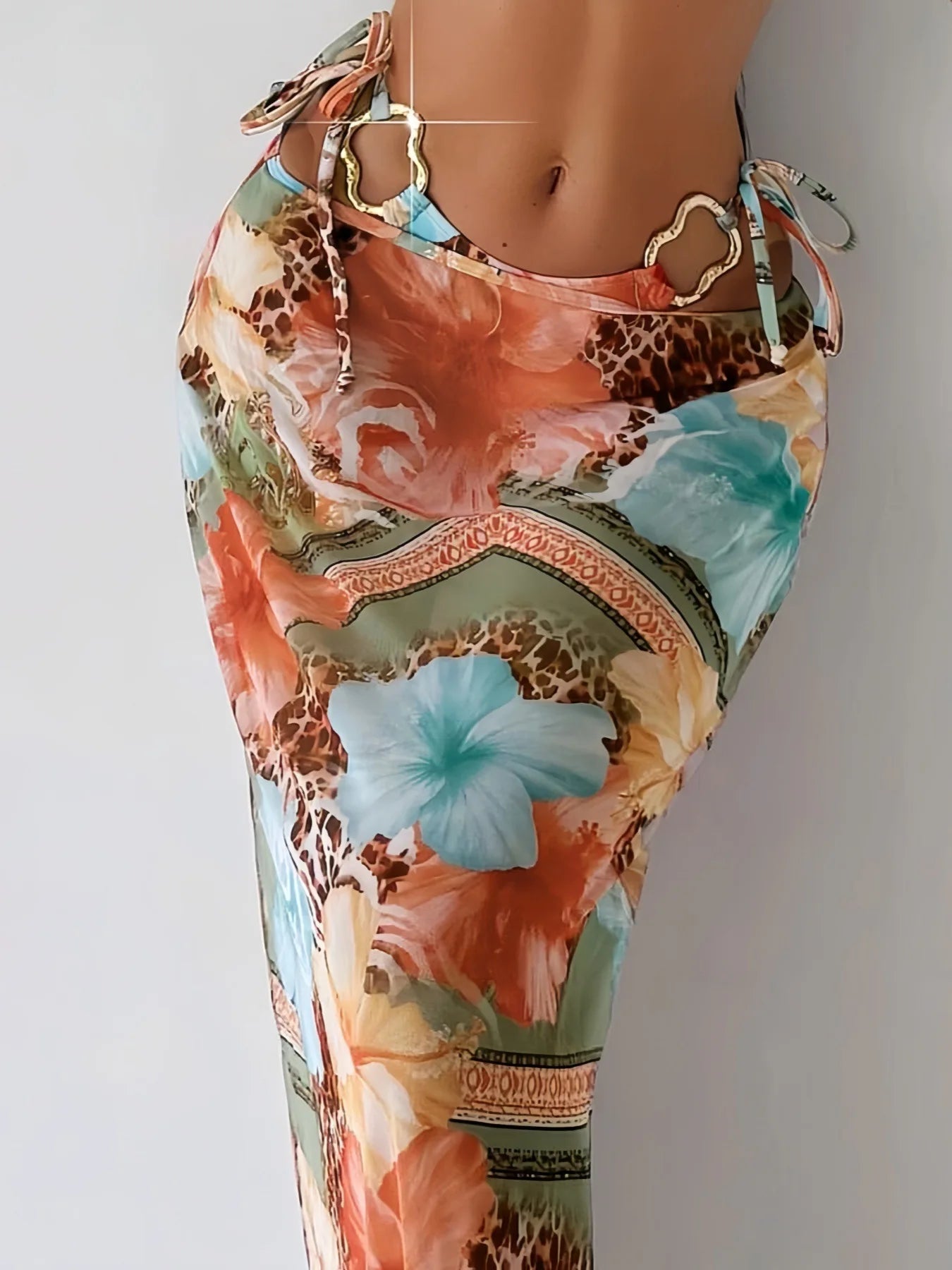 Vintage Pink Floral Bikini Set – Women’s 3-Piece Push-Up Swimsuit with Metal Ornament, Thong & Beach Skirt, 2025 Swimwear