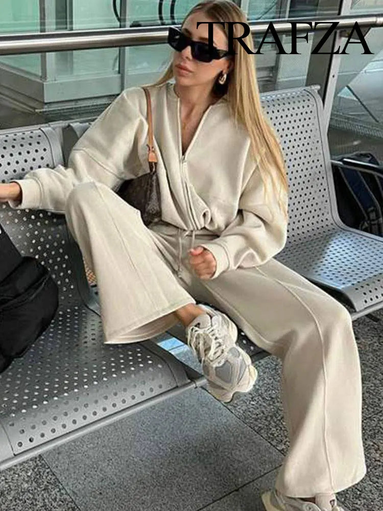 TRAFZA Women’s 2-Piece Retro Set – Solid Zipper Bomber Jacket & High-Waisted Lace-Up Velvet Pants