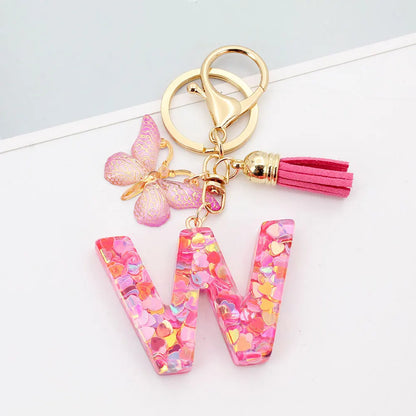 A-Z Letter Acrylic Keychain - Pink Butterfly Tassel Bag Charm & Key Ring