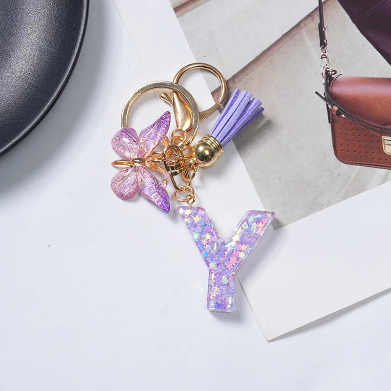 A-Z Initial Letter Sequin Keychain - Purple Butterfly Tassel Resin Keyring Backpack Charm Gift