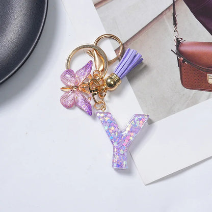 A-Z Initial Letter Sequin Keychain - Purple Butterfly Tassel Resin Keyring Backpack Charm Gift