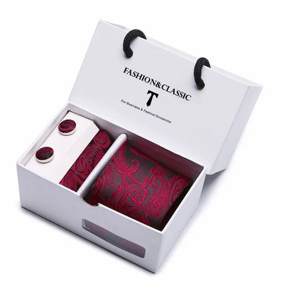 Black Paisley Tie Set - Men's Necktie, Pocket Square & Cufflinks Gift Box for Weddings & Formal Wear