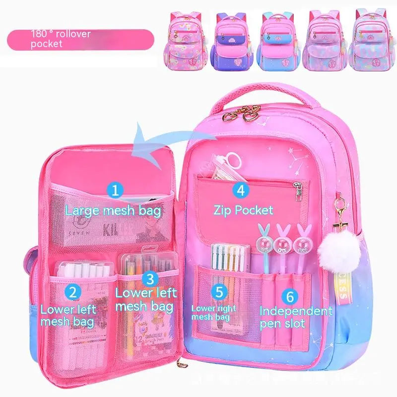 Orthopedic Primary School Bags for Girls - Gradient Color Backpack for Grades 1-3-6, Large Capacity Kids Rucksack Mochila