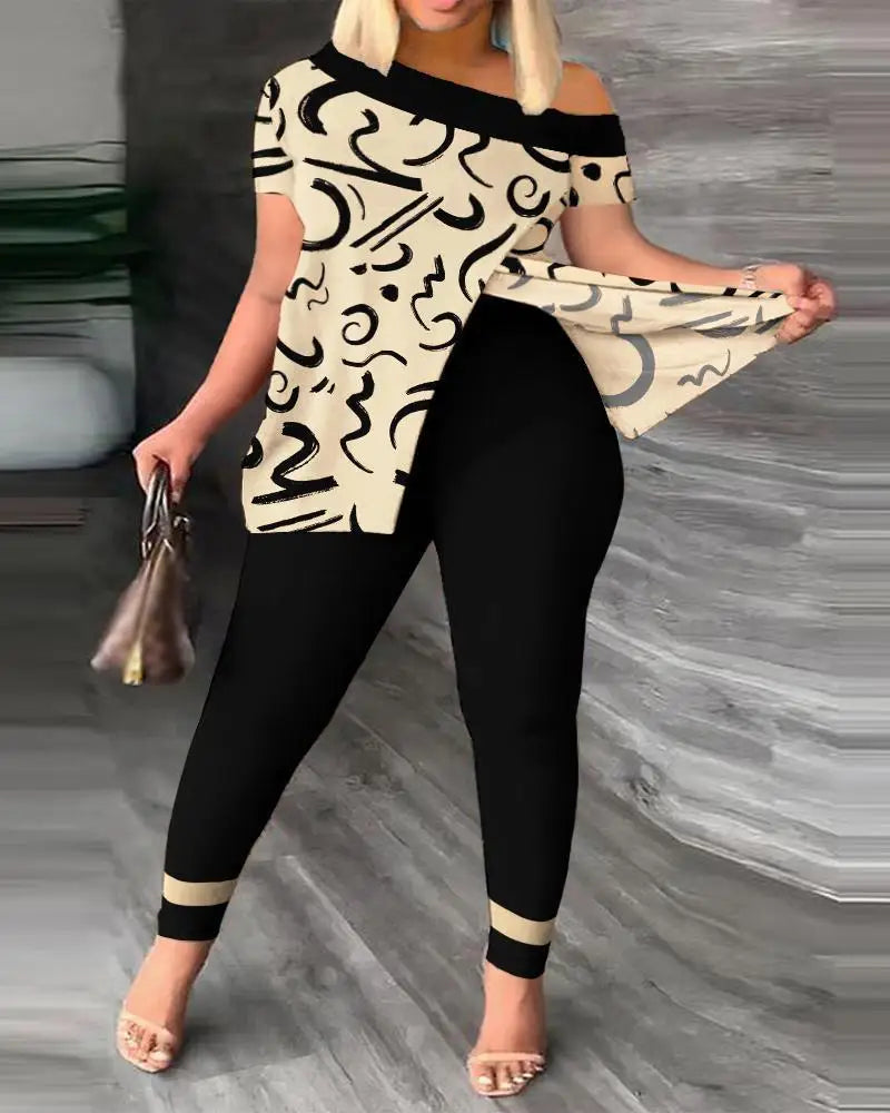 Elegant Women’s Two-Piece Set – Printed Ruffle Sleeve Top & Solid Color Pants with Belt