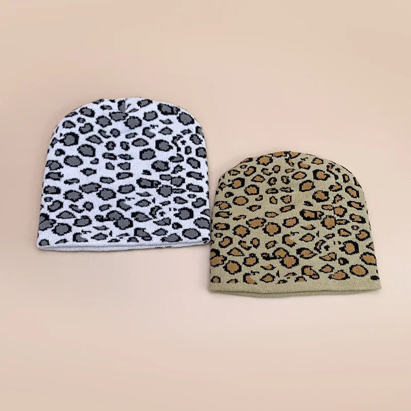 Retro Leopard Wool Knit Beanie - Warm Autumn Winter Hip Hop Y2K Street Fashion Hat